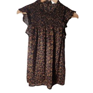 Old Navy Silky Small Ruffle Blouse Gold And Pink Floral‎ Pattern